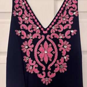 INC International Concepts Navy Blue Bodycon Dress with Pink Embroidery